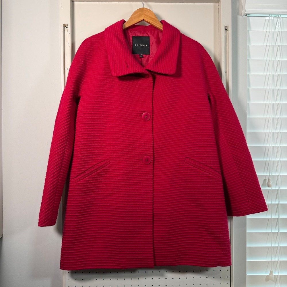 Talbots Pea Coat Womens Magenta Pink Wool Blend Textured Classic Long Sleeve - 8